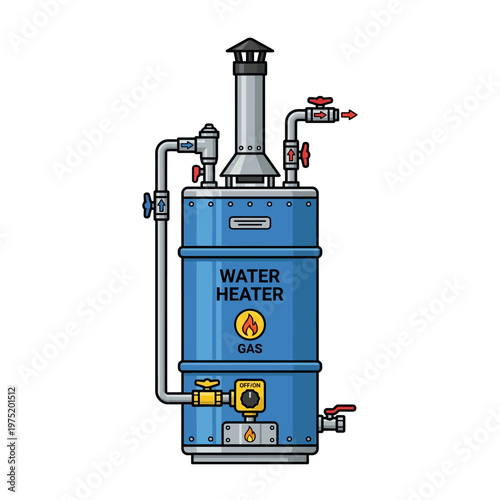 Flat vector icon of gas water heater with vent and pipe connection detail