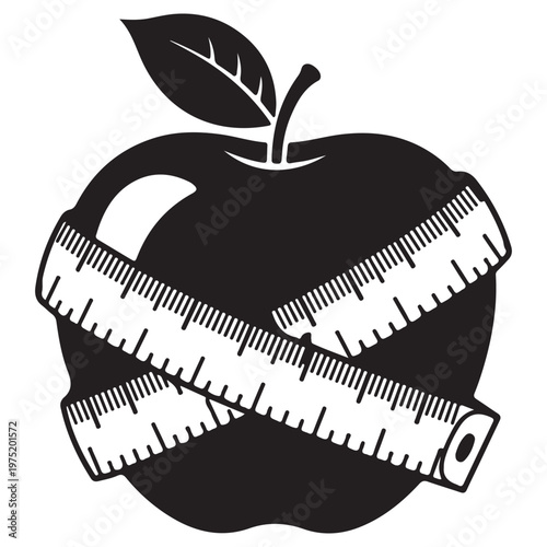 A black and white image of a measuring tape wrapped around an apple Vector, illustration