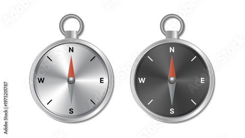 Realistic 3D Compass Icon Set with North East South West Directions Black and White Dial Navigation Compass Vector Illustration