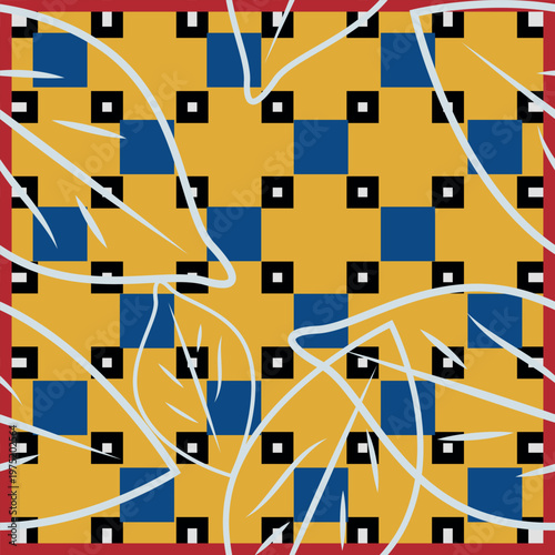 Seamless retro checkered leaf vector pattern in mustard and blue with a geometric background. Part of the Retro Bloom & Grid Collection—coordinates with Mod Daisy and Pop Art Floral patterns