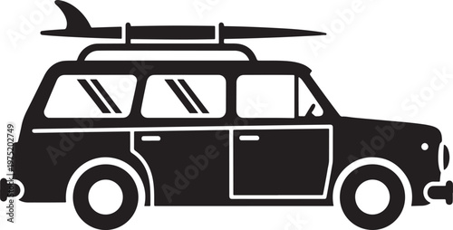 Station wagon car with surfboard on roof rack vector icon, surfboard