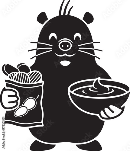 A cartoon mole holding a bag and bowl of food Vector, illustration