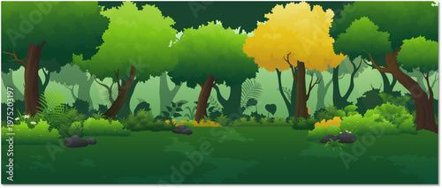 Panoramic Tropical Forest Background with Dense Trees and Lush Green Ground