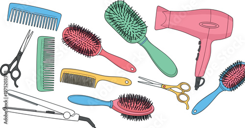 Colorful Hairdressing Tools Collection with Combs, Brushes, Scissors, Blow Dryer, and Styling Accessories for Beauty and Salon Designs