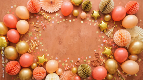 Warm Festive Party Background with Coral and Peach Balloons on Terracotta Backdrop with Gold Accents, Flat Lay with Copy Space