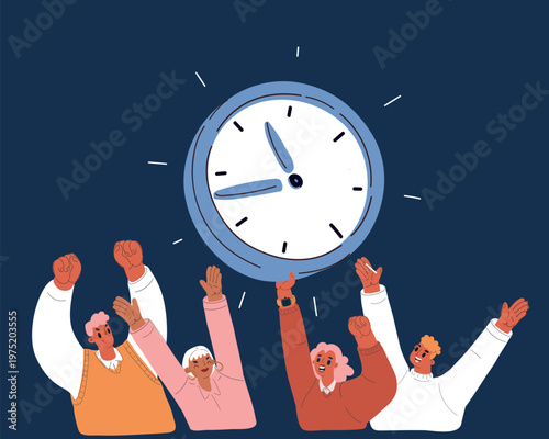 Cartoon vector illustration of people holding clocks and raising hands, time management and achievement concept