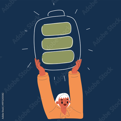 Cartoon vector illustration of woman holding giant charged battery above head, full of energy and vitality concept