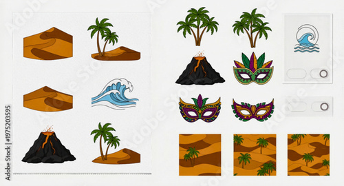 Andalucia patterns and Spanish cultural icons, traditional Mediterranean tile set with flamenco dancer and acoustic guitar, floral vector elements