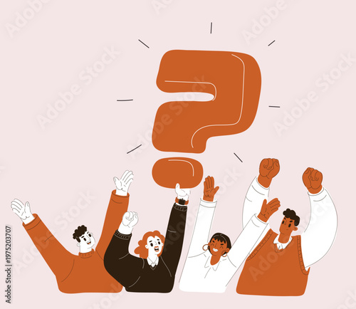 Cartoon vector illustration of people raising hands with question mark, curiosity and inquiry concept