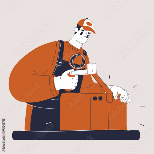 Cartoon vector illustration of man packing box, shipping and delivery preparation concept