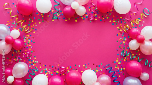Cheerful Celebration Banner with Hot Pink and White Balloons on Bold Fuchsia Pink Surface, Flat Lay with Copy Space