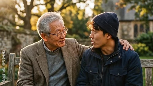 Senior Man and Young Man Talking Together Outdoors on a Park Bench