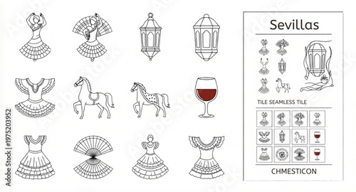 Andalucia patterns and Spanish cultural icons, traditional Mediterranean tile set with flamenco dancer and acoustic guitar, floral vector elements