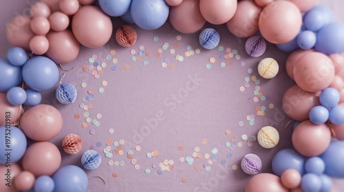 Elegant Minimal Party Background with Dusty Rose and Periwinkle Balloons on Muted Lilac Backdrop, Bird's Eye View Flat Lay with Copy Space