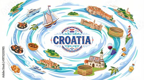 Croatia Travel Illustration with Mediterranean Landmarks Coastal Scenes and Cuisine