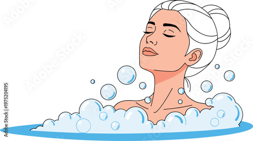 A serene woman relaxing in a bubble bath on transparent background