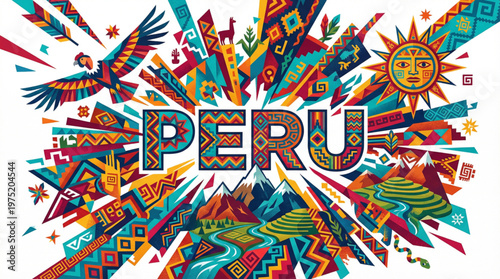 Colorful Peru Illustration with Traditional Ethnic Patterns and Andean Symbols