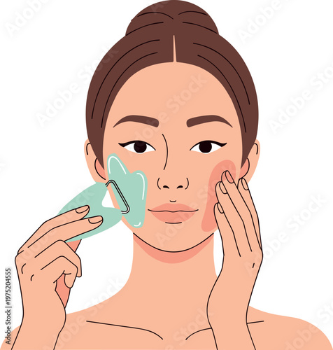 A woman using a jade roller for facial massage on transparent background