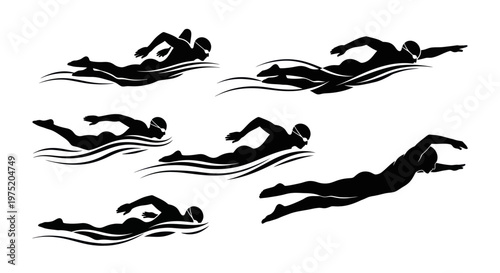 Swimmers Silhouettes: Diverse Strokes and Water Movement
