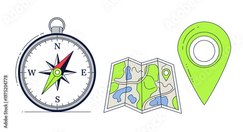 Compass, Map, and Location Pin Icons: Navigation and Travel Concept