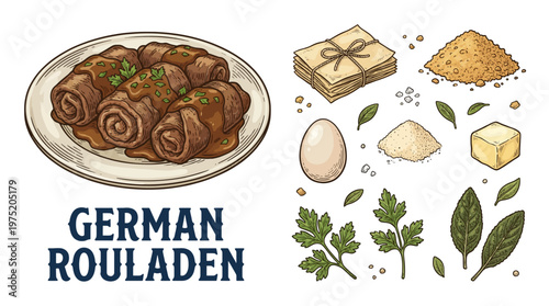 Traditional German Rouladen Beef Rolls on a Plate with Cooking Ingredients and Herbs Hand-Drawn Vector Illustration Set