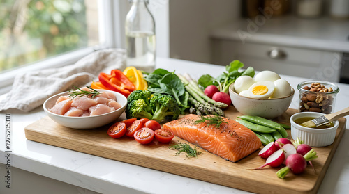 Salmon fillet with vegetables and eggs.