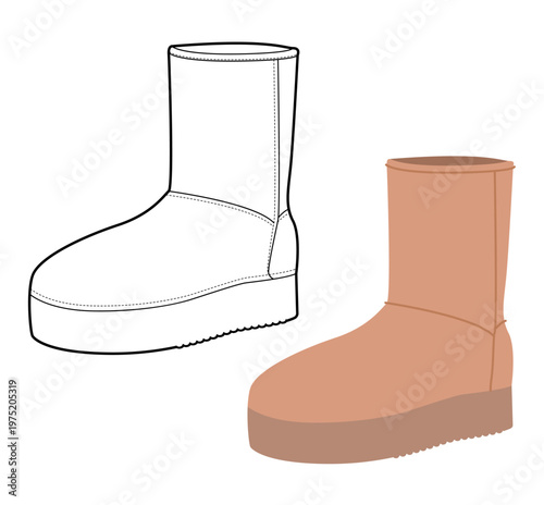 Beige winter mid boot women color plus line set. Flat fleece lined boot for footwear guide chart lifestyle project. Technical fashion illustration CAD mockup mixed vector man isolated stylish style.