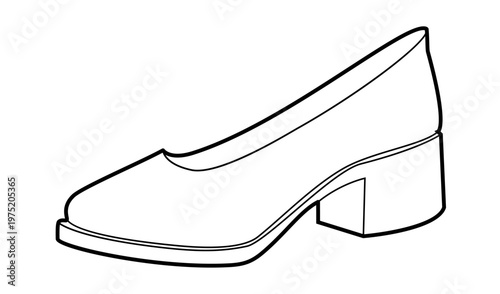 Block heel pump shoe women single sketch. Closed toe dress shoe for workday, conference, smart wardrobe. Technical fashion illustration, CAD mockup, clean vector men unisex isolated business style.