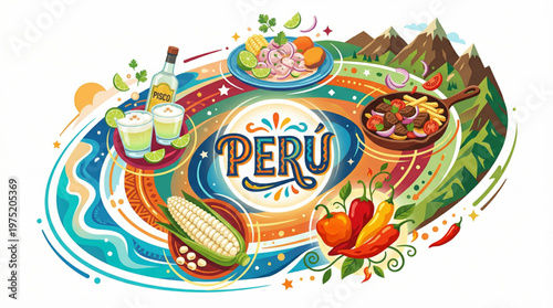Peruvian Gastronomy Illustration with Traditional Dishes and Ingredients