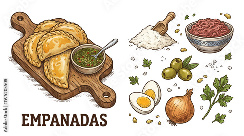 Hand Drawn Vector Illustration of Traditional Empanadas on a Cutting Board with Chimichurri Sauce and Fresh Cooking Ingredients