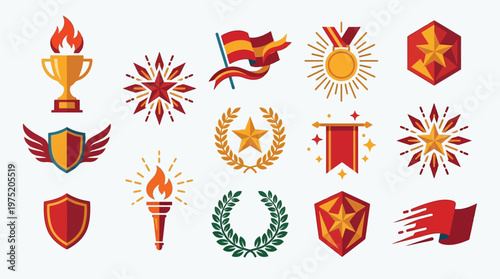 Collection of graphic elements representing awards, victory, and achievement, including trophies, medals, shields, and banners.