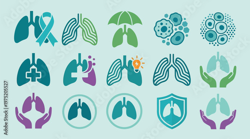 Collection of stylized lung icons representing health, research, and protection against respiratory diseases and conditions.