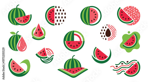 A vibrant collection of stylized watermelon icons and illustrations, showcasing various artistic interpretations of the fruit.