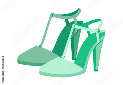 T bar pump women mint heel flat pair. Strap front vintage dress footwear for date night, wardrobe, warm season. Technical illustration, CAD mockup, smooth vector men unisex isolated elegant style.