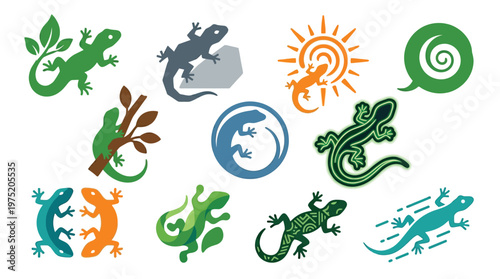 Collection of diverse stylized gecko and lizard illustrations, showcasing various artistic interpretations and color palettes.
