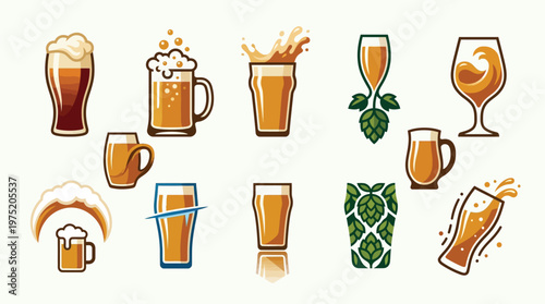 Collection of various beer glasses and mugs filled with frothy beer, some with splashes and hops.