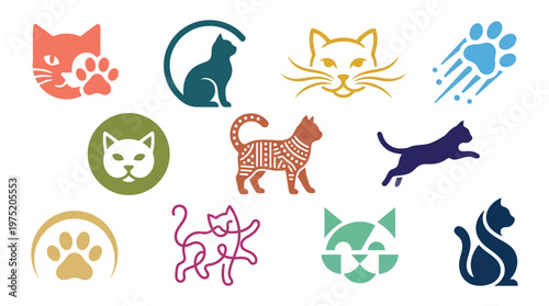 A collection of diverse cat logos and icons, showcasing various artistic styles and representations of felines and paw prints.
