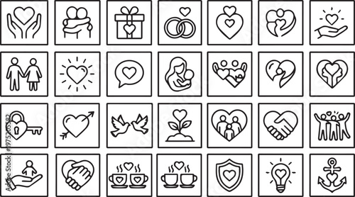 An extensive grid of black outline icons symbolizing love, relationships, family, and romantic connections, displayed in square frames on a white background.