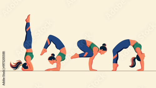 A sequence of four different yoga poses demonstrated by a woman, including headstand, forearm stand, crow pose, and wheel pose, illustrating flexibility and strength.