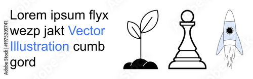 Business growth, sustainability, strategy planning, innovation, leadership, and progress. Icon set of a sprouting plant, chess pawn and a rocket spaceship. Emphasizing growth and strategy