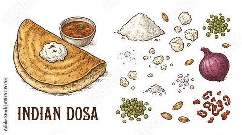 Traditional South Indian Dosa with Sambar and Chutney Hand Drawn Vector Illustration with Ingredients