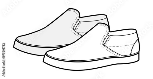 Skate slip on sneaker shoe sketch pair. Casual board footwear for street park, youth style, man woman unisex. Technical fashion illustration, CAD mockup, detailed vector isolated skate style.