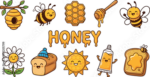 A cheerful collection of cartoon-style honey and bee-themed elements, including cute bees, a beehive, honeycomb, honey dipper, and honey-covered toast.