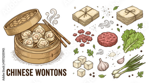 Hand-drawn Chinese wontons in bamboo steamer and recipe ingredients including minced meat, tofu, and wrappers vector illustration