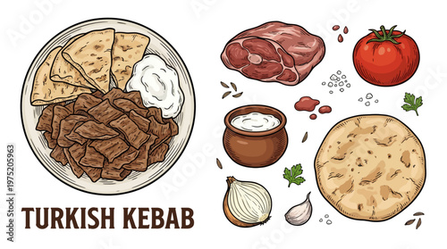 Turkish Kebab Plate and Fresh Ingredients Vector Illustration Set with Meat, Pita, Tomato, and Sauce