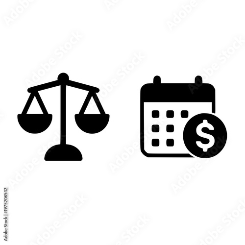law and finance icons, scales of justice and calendar with money