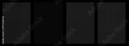 Set of square graph paper layouts on black surface. Thin line grids, dot matrices and rounded meshes create versatile templates for math exercises, architectural plans, charts, diagrams digital.