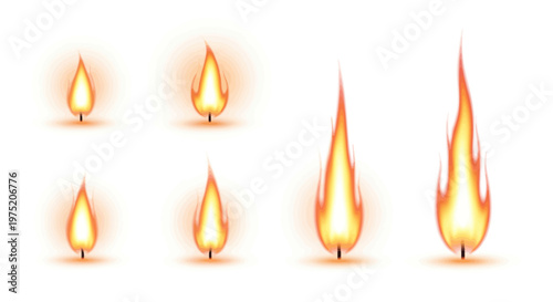 Collection of Realistic Candle Flames, Burning Fire Elements, Isolated on White