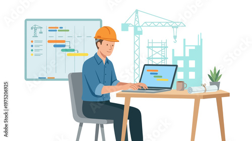 Construction Project Manager Using Laptop for Project Planning and Gantt Chart Scheduling, Civil Engineer at Desk Illustration