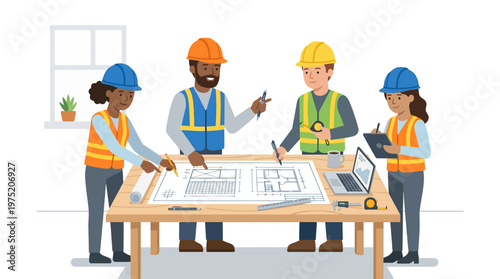 Diverse Team of Architects and Engineers Reviewing Blueprints, Vector Illustration of Construction Planning and Professional Collaboration